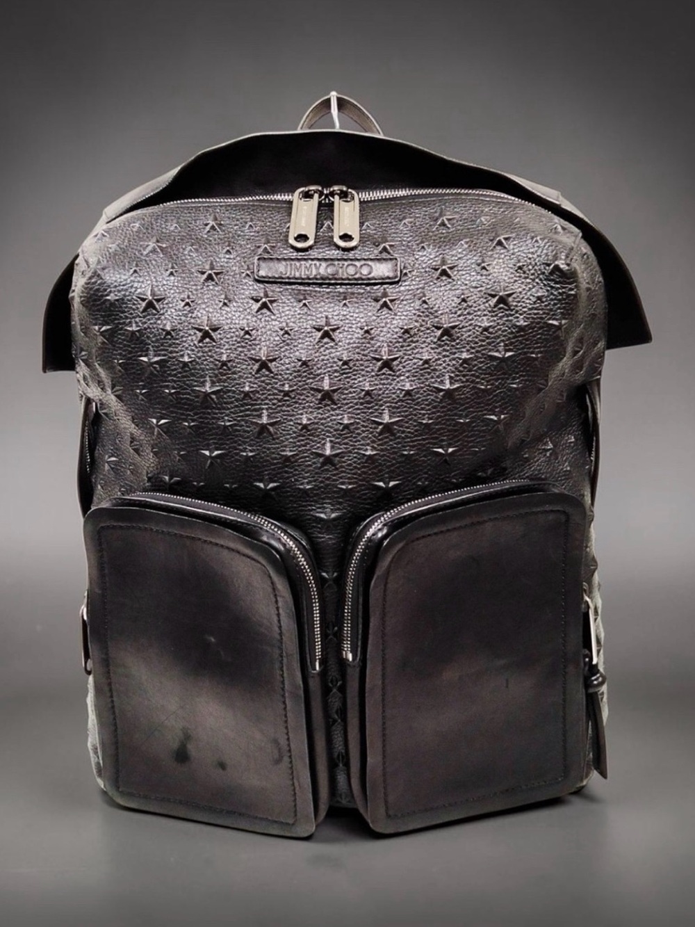 Jimmy Choo Black Star-Embossed Leather Backpack with Front Pockets~Large